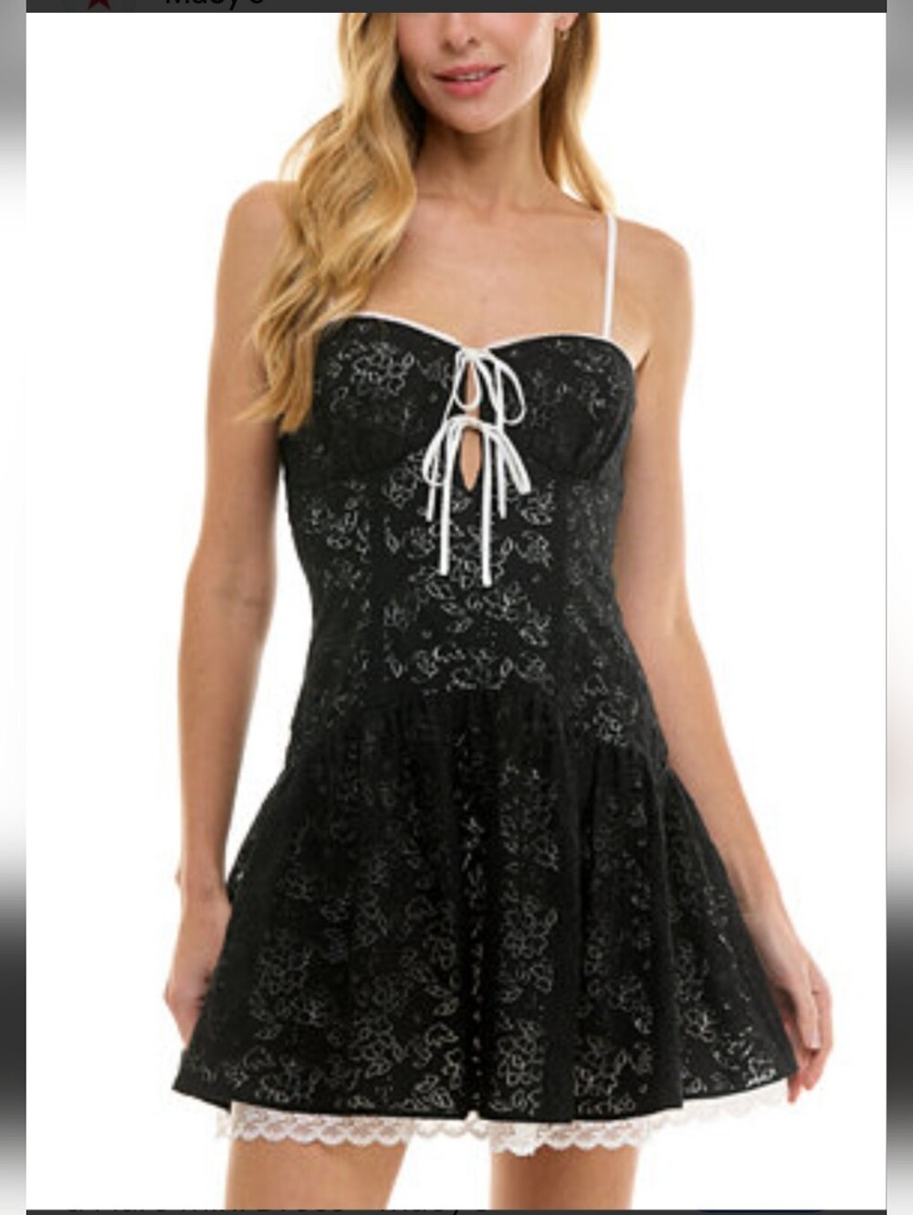 Seni & Cate Black Lace Tie-Front Mini Dress with White Trim jr size S NWTS